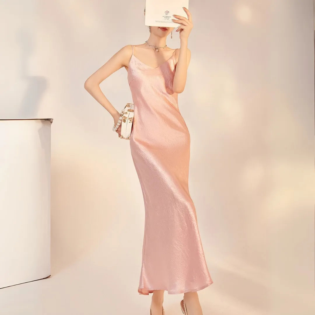 新中式纯色高腰醋酸吊带连衣裙 Modern Chinese-Style Acetate Maxi Slip Luxe Dress