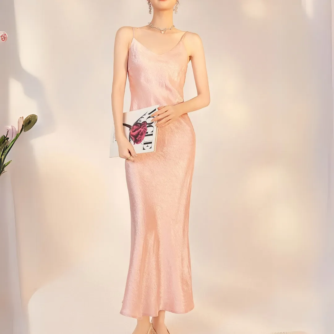 新中式纯色高腰醋酸吊带连衣裙 Modern Chinese-Style Acetate Maxi Slip Luxe Dress