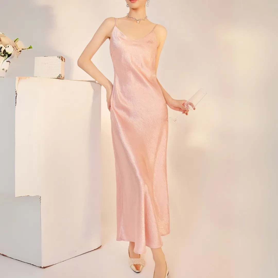 新中式纯色高腰醋酸吊带连衣裙 Modern Chinese-Style Acetate Maxi Slip Luxe Dress