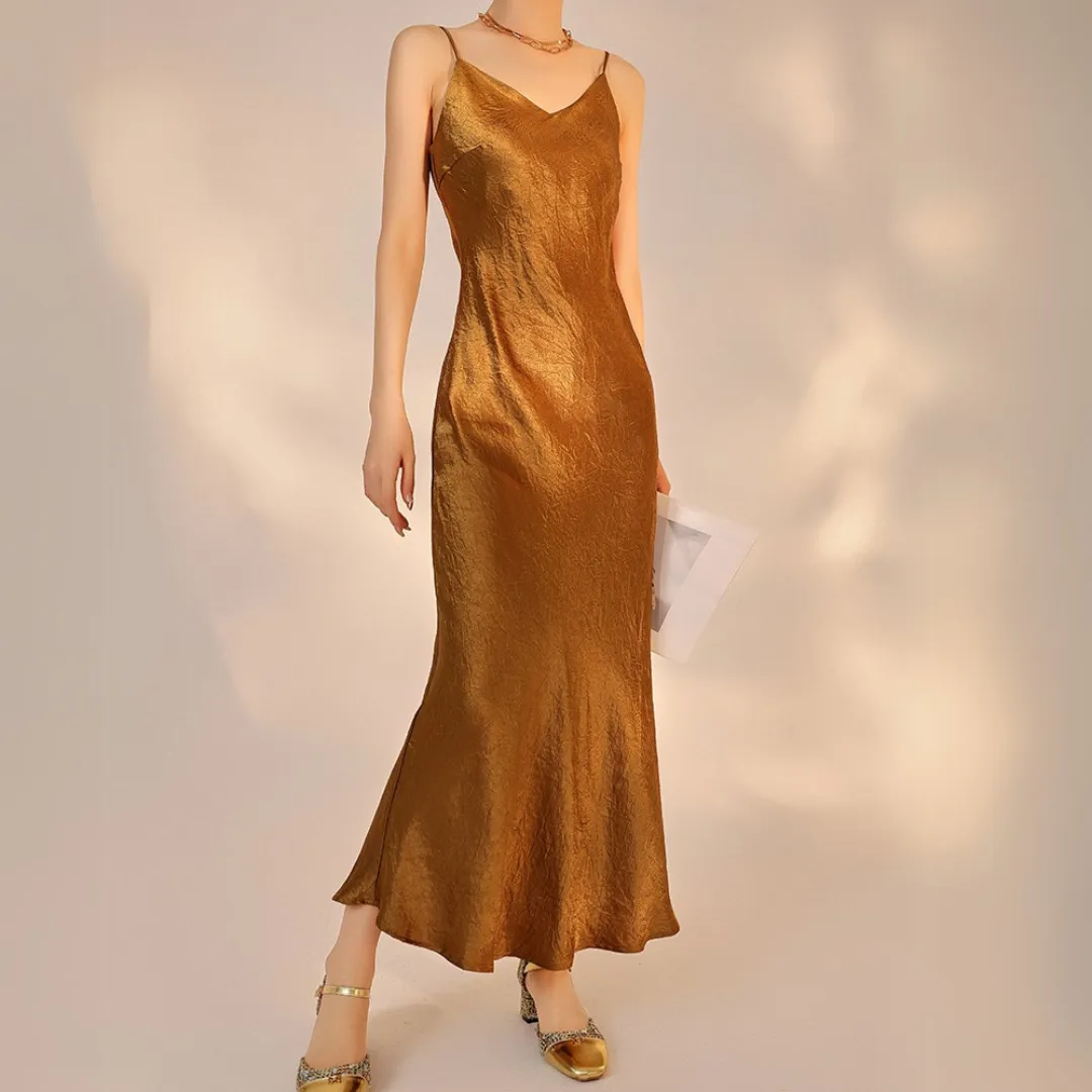 新中式纯色高腰醋酸吊带连衣裙 Modern Chinese-Style Acetate Maxi Slip Luxe Dress
