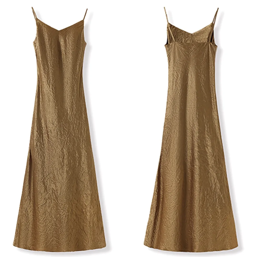 新中式纯色高腰醋酸吊带连衣裙 Modern Chinese-Style Acetate Maxi Slip Luxe Dress