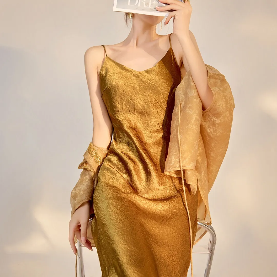 新中式纯色高腰醋酸吊带连衣裙 Modern Chinese-Style Acetate Maxi Slip Luxe Dress
