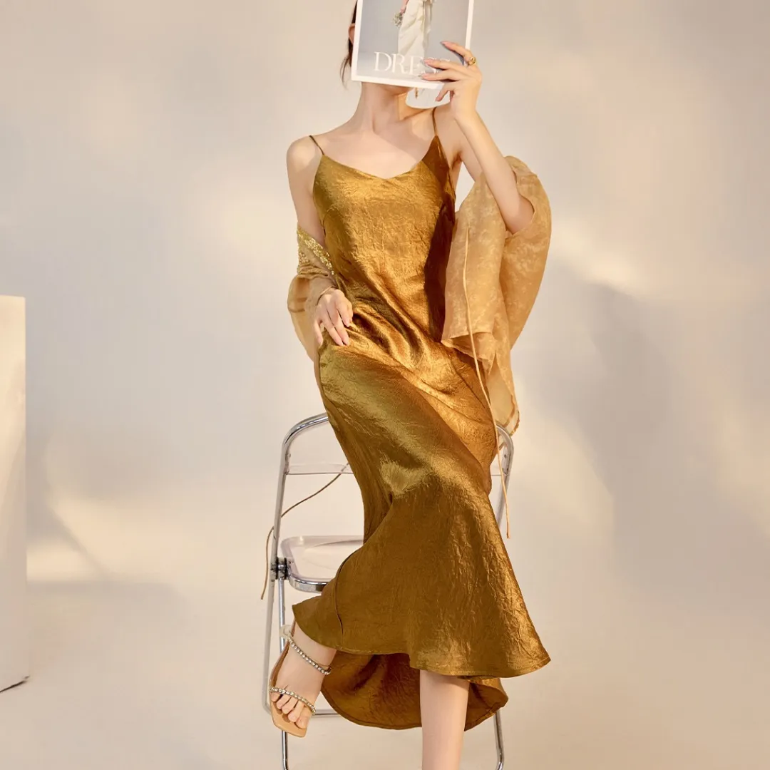 新中式纯色高腰醋酸吊带连衣裙 Modern Chinese-Style Acetate Maxi Slip Luxe Dress