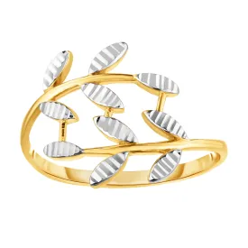 14K Two Tone Gold Diamond Cut Olive Leaf Branch Design Ring, Size 7