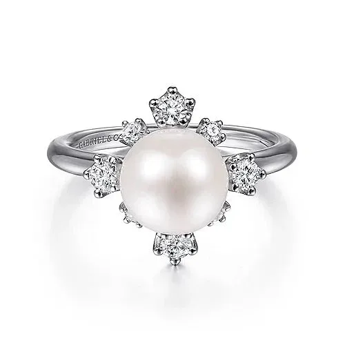 14K White Gold Pearl Ring with Bursting Diamond Halo