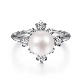 14K White Gold Pearl Ring with Bursting Diamond Halo