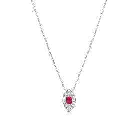 14K White Gold Ruby Diamond Art Deco Design Pendant Necklace