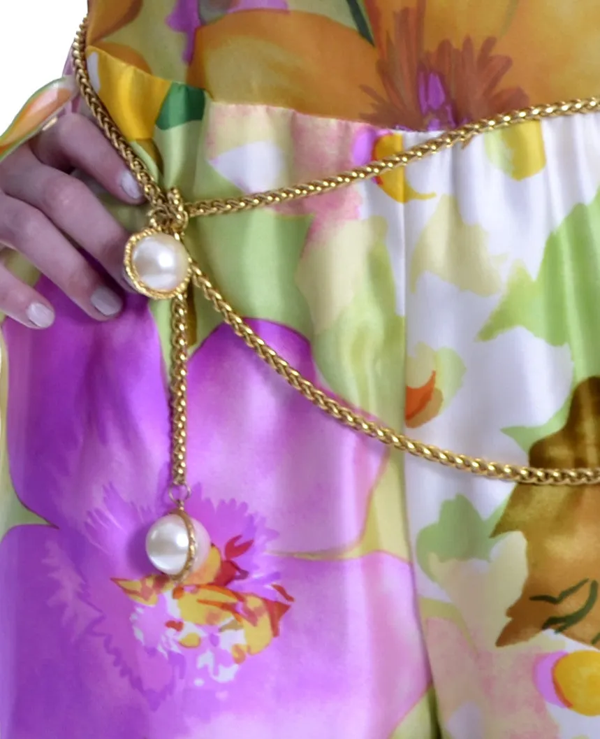 1960s New Tina Leser Jumpsuit Vintage Silk Floral Tulip Sleeves with Vest