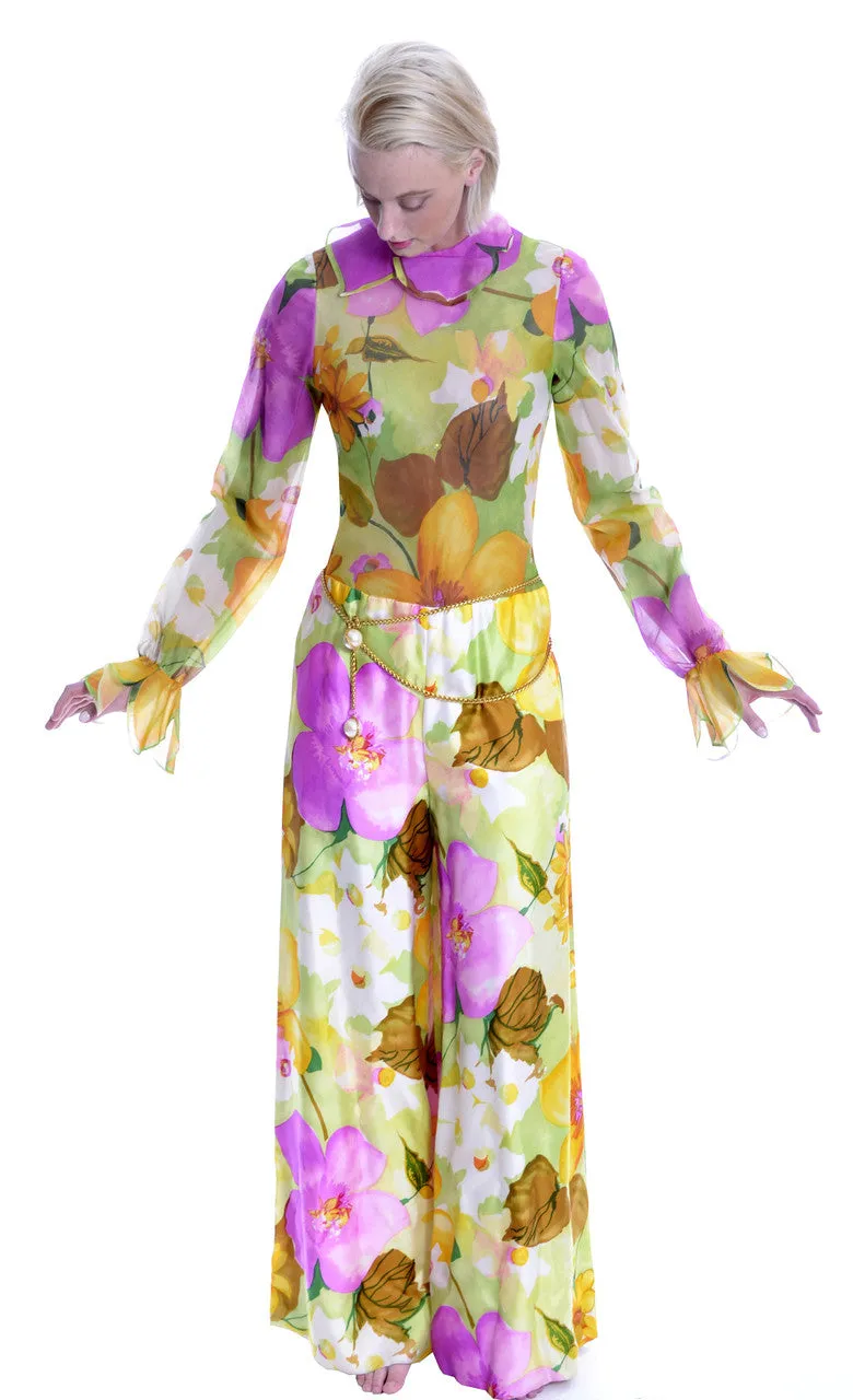 1960s New Tina Leser Jumpsuit Vintage Silk Floral Tulip Sleeves with Vest