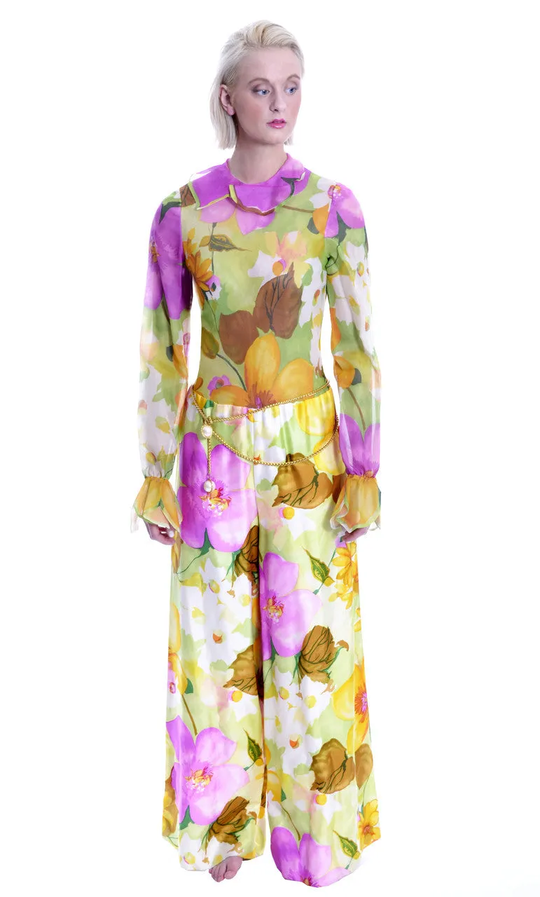 1960s New Tina Leser Jumpsuit Vintage Silk Floral Tulip Sleeves with Vest