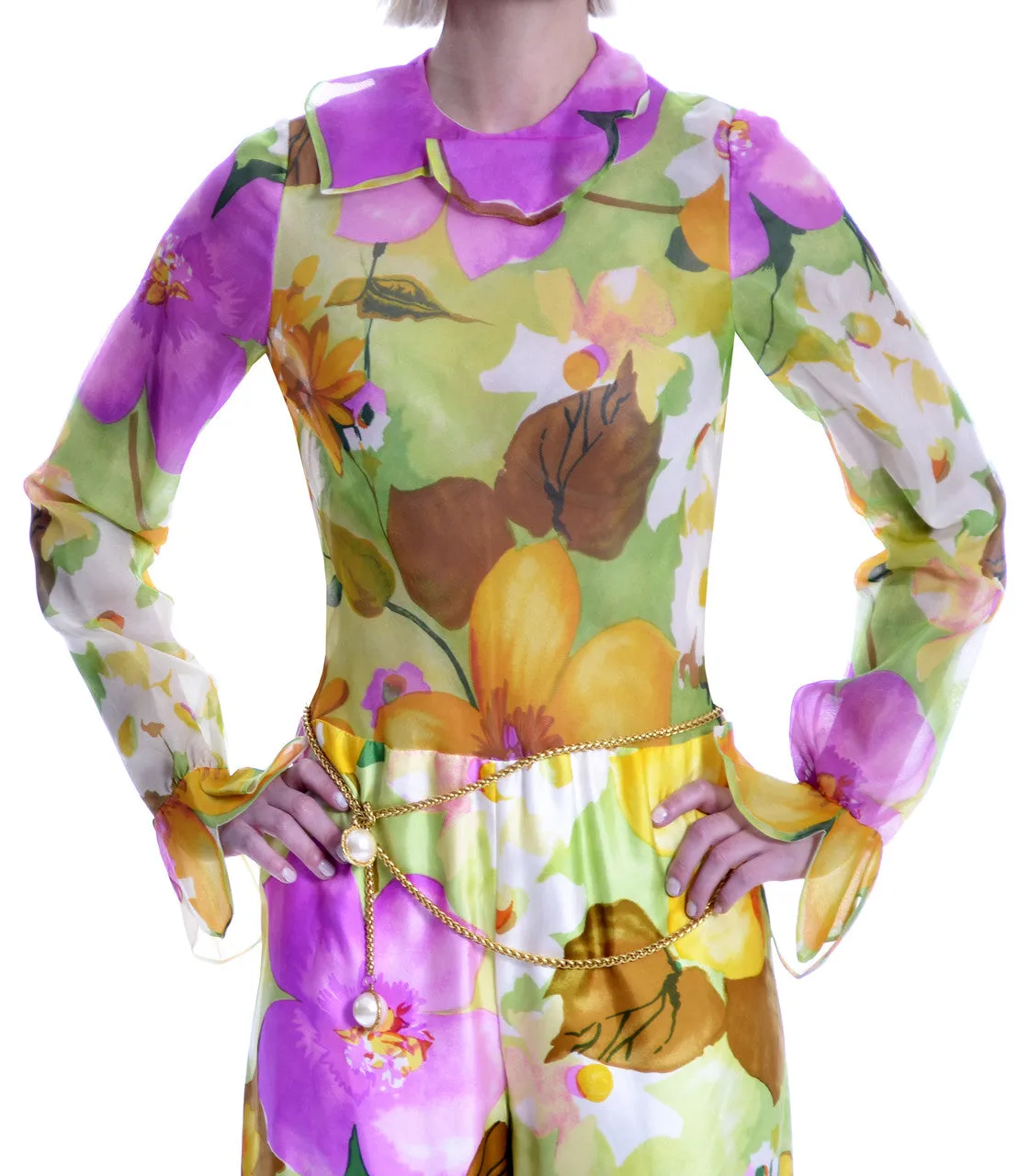 1960s New Tina Leser Jumpsuit Vintage Silk Floral Tulip Sleeves with Vest