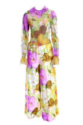 1960s New Tina Leser Jumpsuit Vintage Silk Floral Tulip Sleeves with Vest