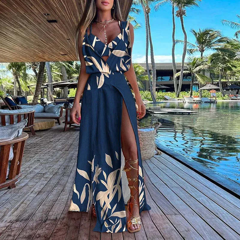 2024 Elegant Solid Sleeveless Hollow Boho Beach Dress