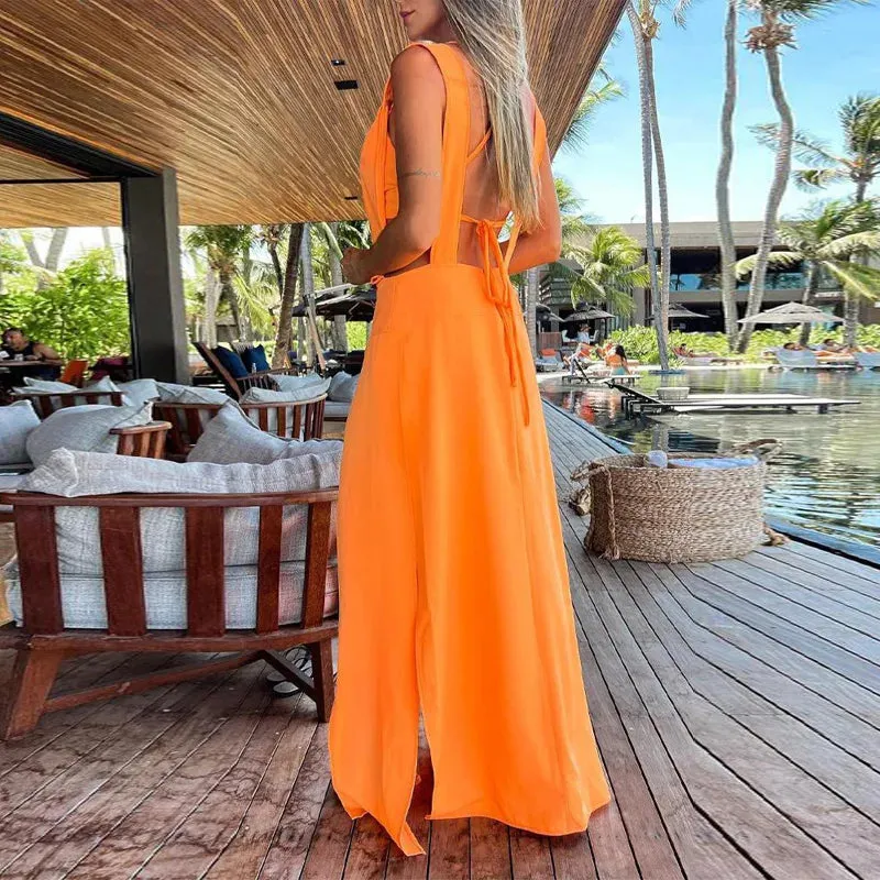 2024 Elegant Solid Sleeveless Hollow Boho Beach Dress