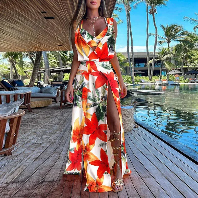 2024 Elegant Solid Sleeveless Hollow Boho Beach Dress