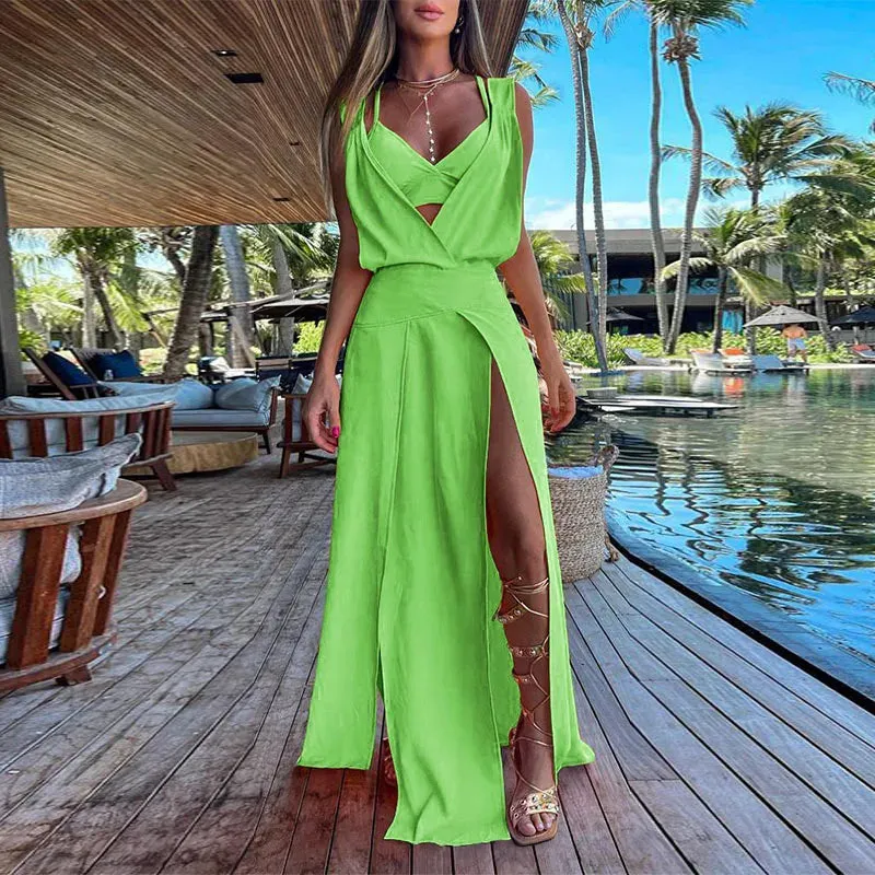 2024 Elegant Solid Sleeveless Hollow Boho Beach Dress