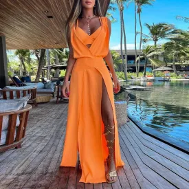 2024 Elegant Solid Sleeveless Hollow Boho Beach Dress