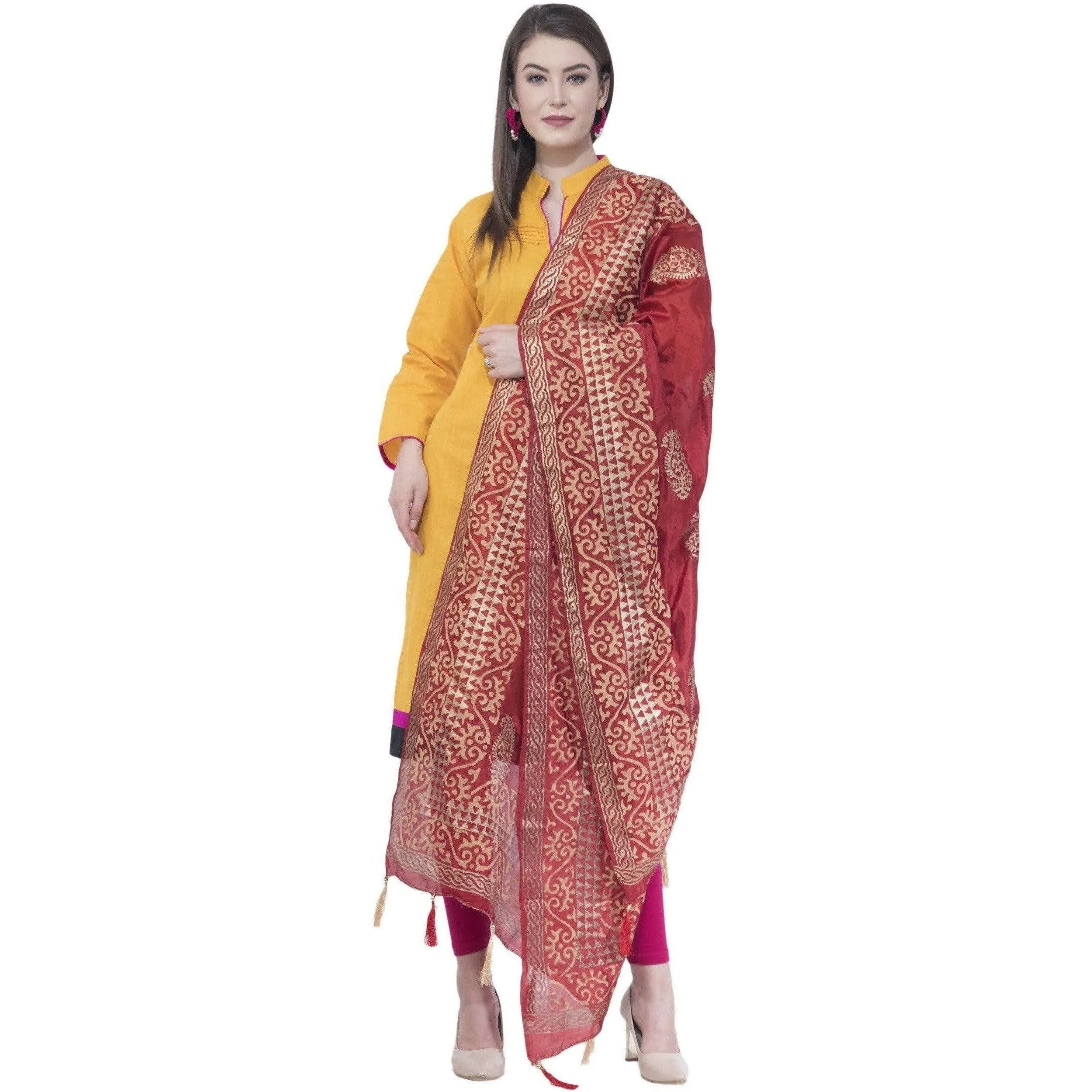 A R Silk Women's Gold Print Silk Mehroon Dupattas and Chunnis