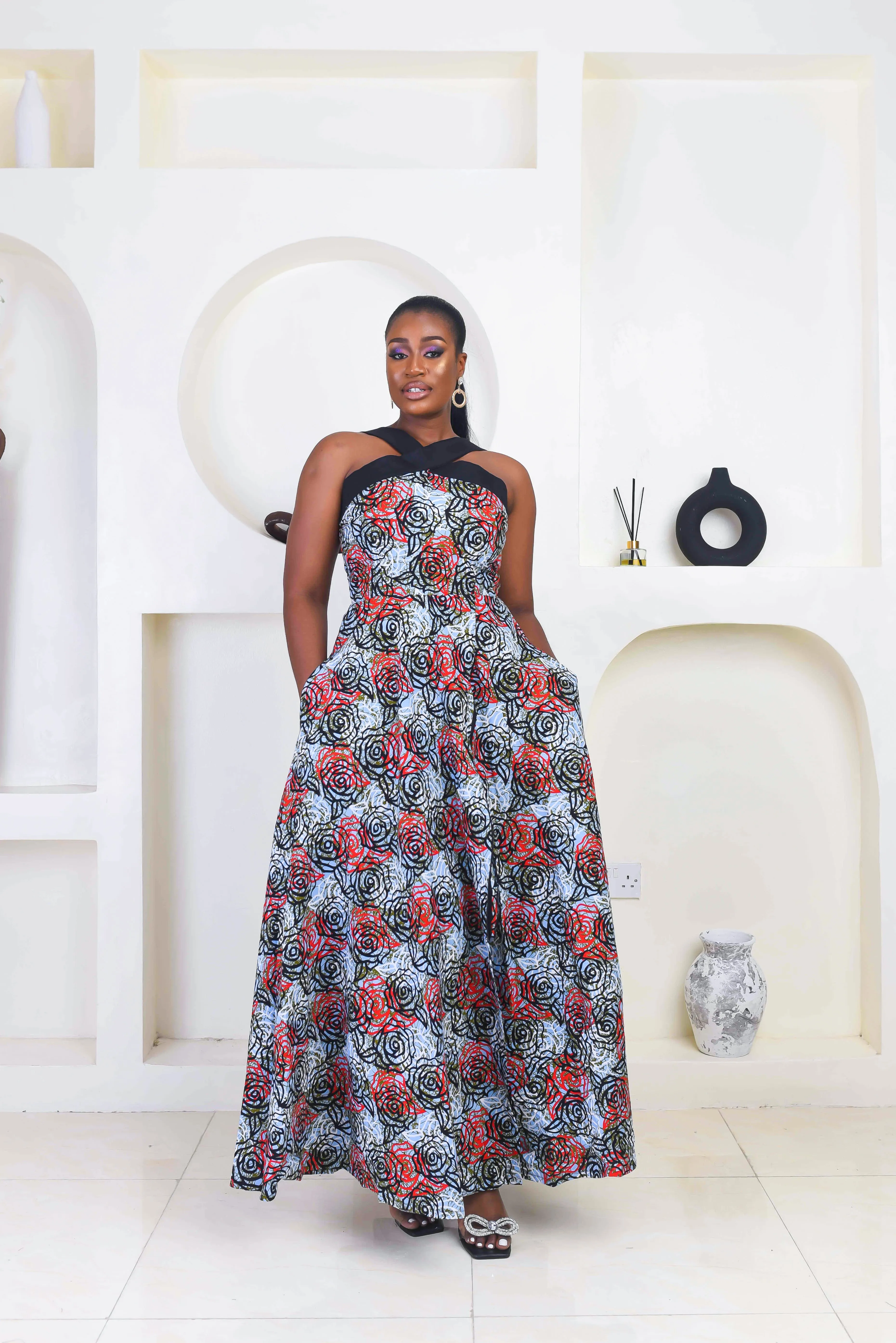 African Print Sleeveless Flared Maxi Dress - Ebere