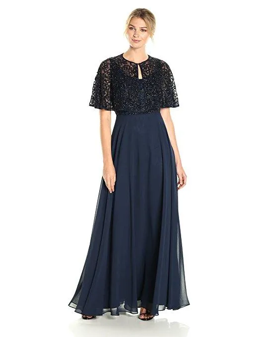 Aidan Mattox - MD1E201185 Embellished Caped Scoop Neck A-Line Gown
