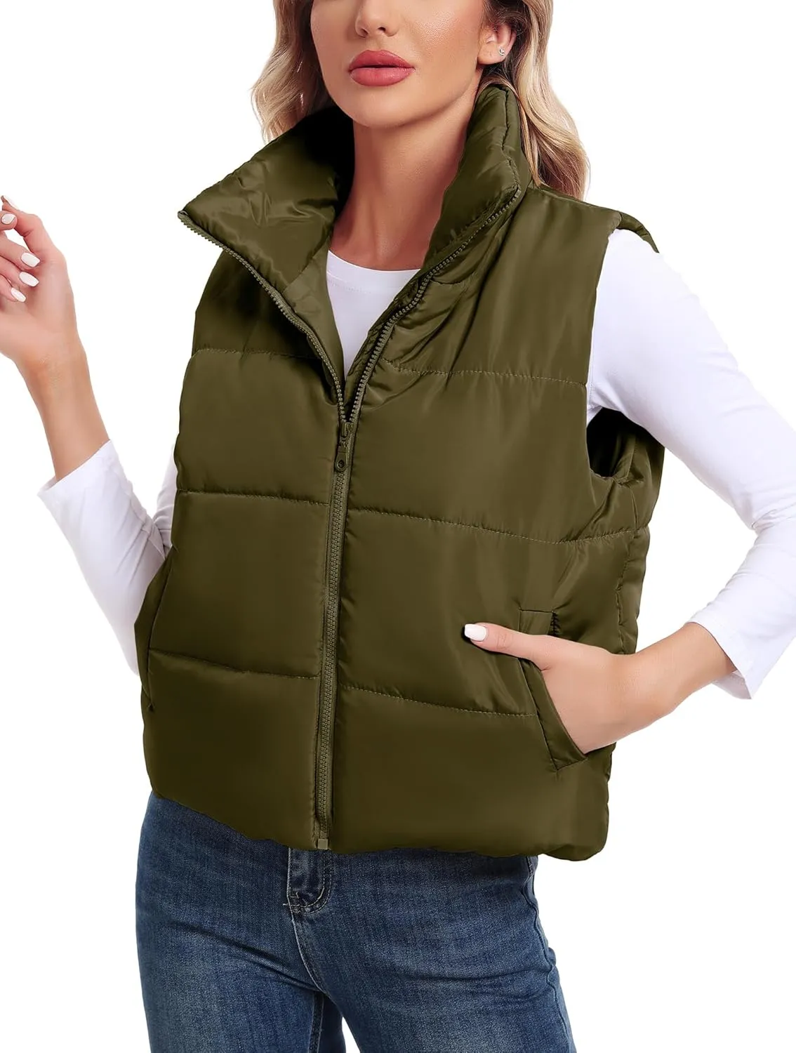Anienaya Puffer Vest Women Sleeveless Warm Lightweight Qulited Jacket Stand-up Collar Outerwear with Pocket