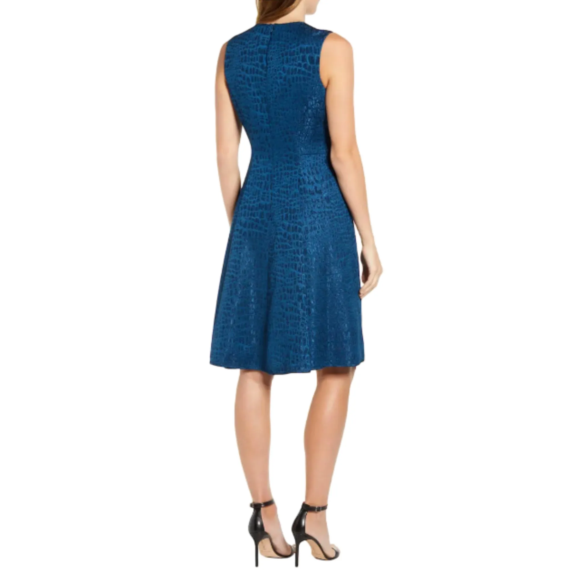 ANNE KLEIN Women's Textured Jacquard Fit & Flare V-Neck Pleated Midi Dress