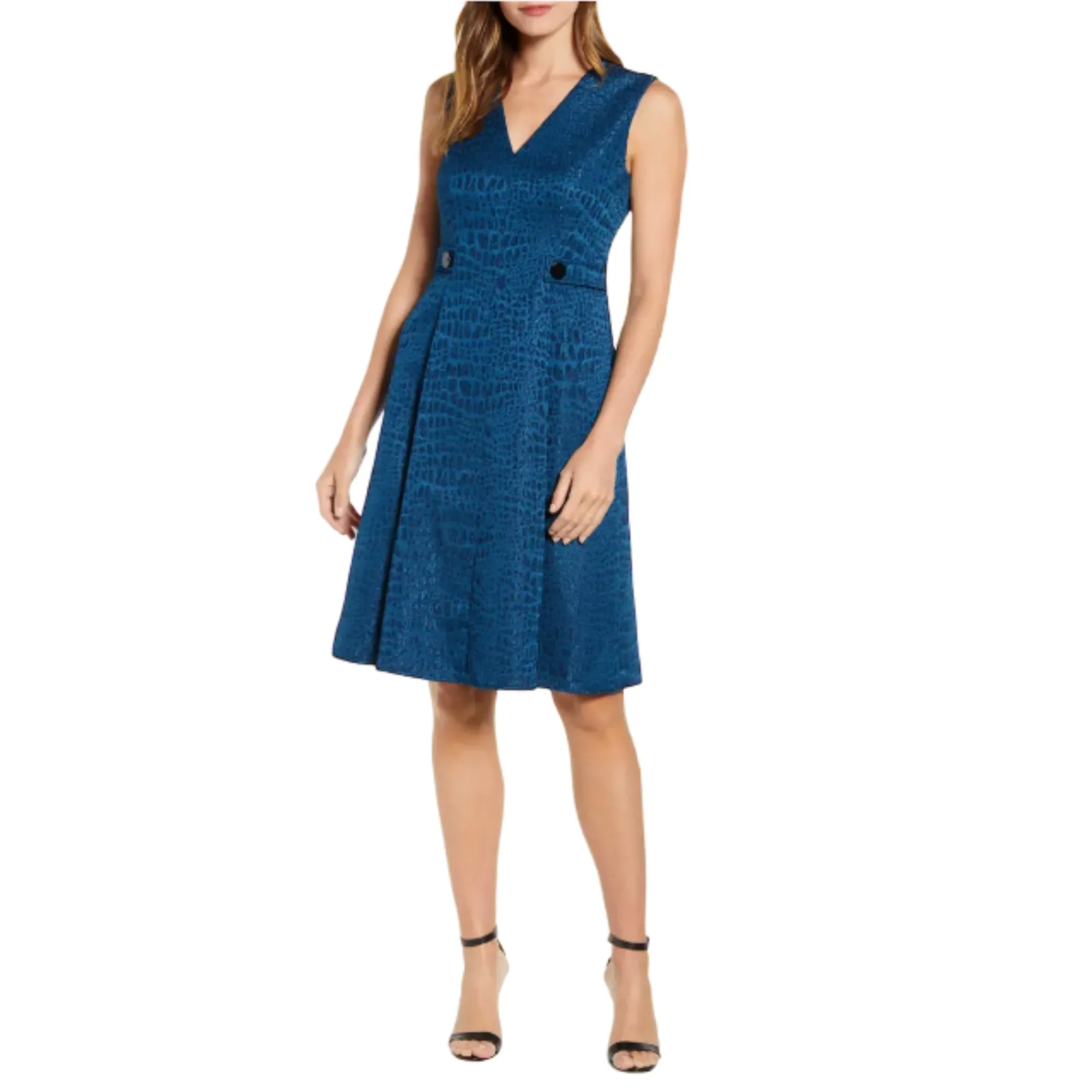 ANNE KLEIN Women's Textured Jacquard Fit & Flare V-Neck Pleated Midi Dress