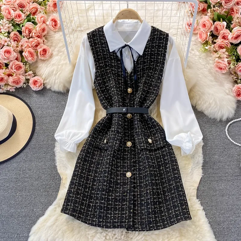 Autumn V Neck Long Sleeves Vest Shirt Elegant Two piece Set 1378