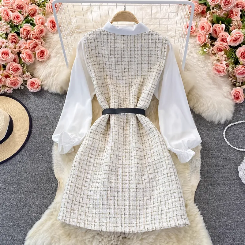 Autumn V Neck Long Sleeves Vest Shirt Elegant Two piece Set 1378