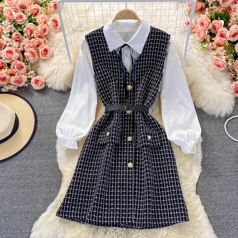 Autumn V Neck Long Sleeves Vest Shirt Elegant Two piece Set 1378