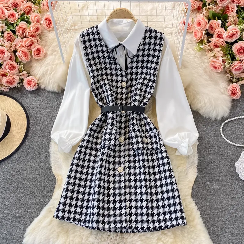 Autumn V Neck Long Sleeves Vest Shirt Elegant Two piece Set 1378