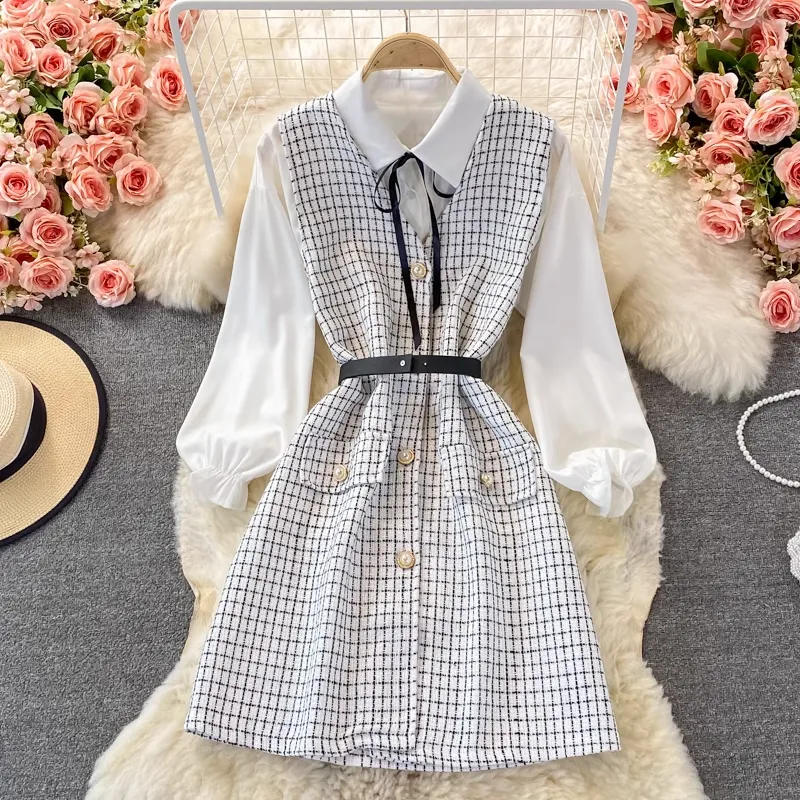 Autumn V Neck Long Sleeves Vest Shirt Elegant Two piece Set 1378