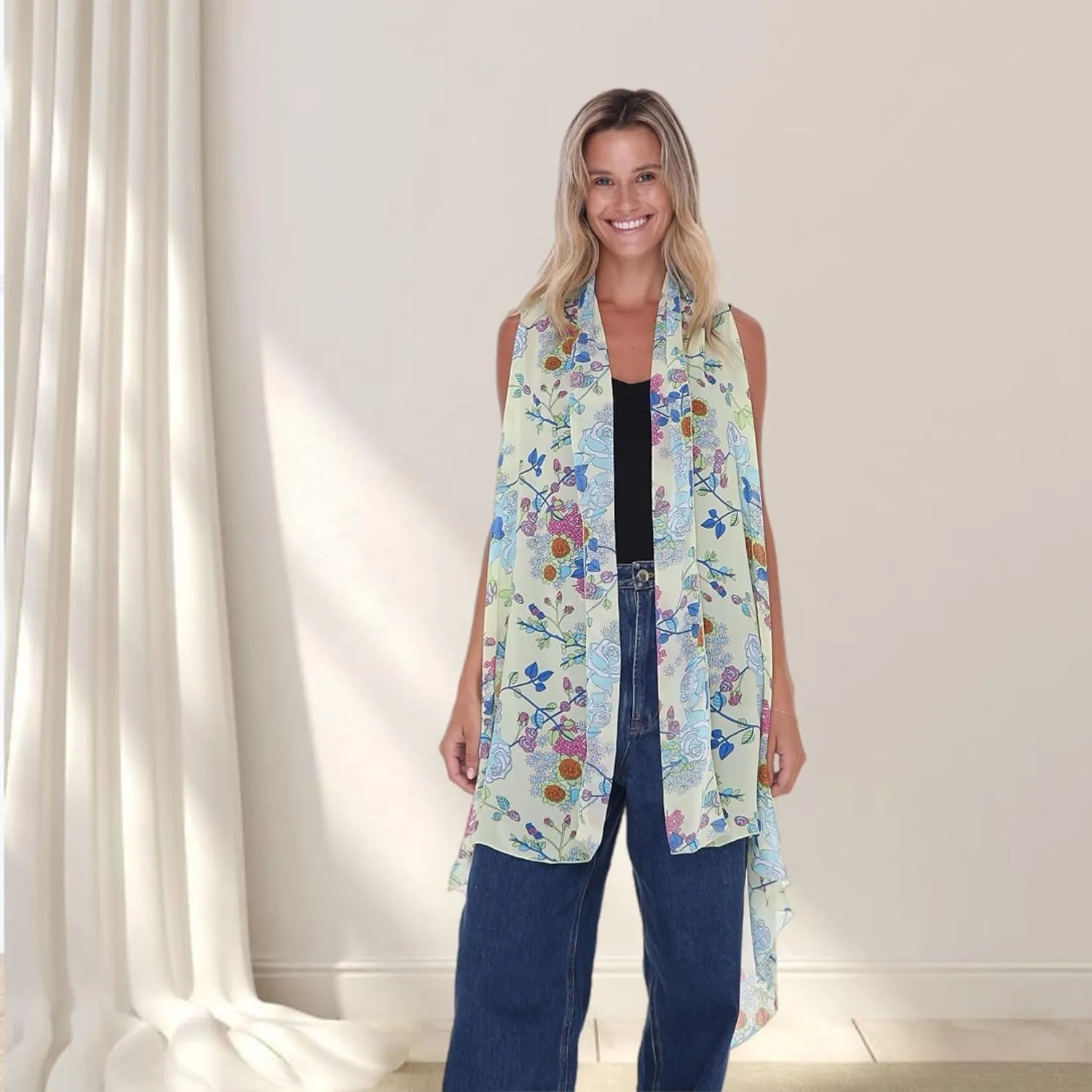 Back From Bali Womens Sleeveless Kimono Duster Sheer Chiffon Boho Cardigan Vest