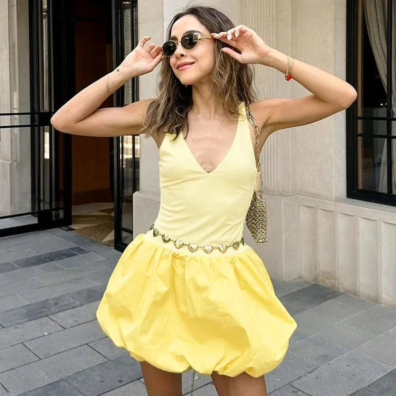 Back To School Joskaa hoco dresses New Sleeveless Slim Fit Bud Vest Dress For Women Solid V Neck Backless Splice Folds Mini Dress High Waisted Party Outfit