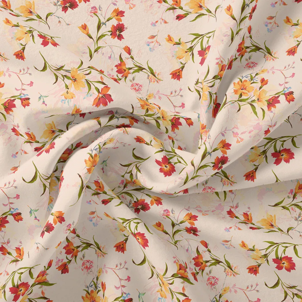 Beautiful Peach Calico Flowed Digital Printed Fabric - Japan Satin