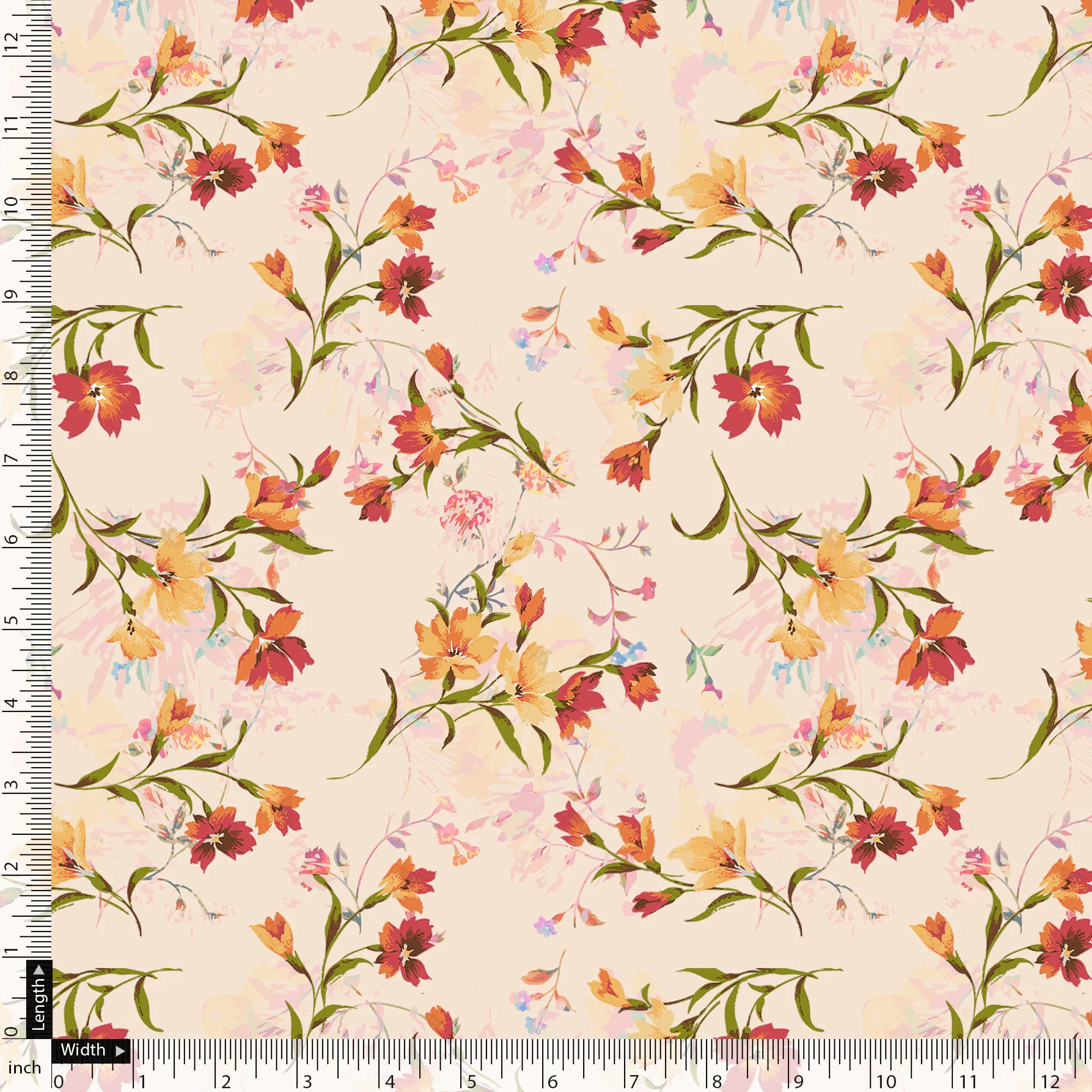 Beautiful Peach Calico Flowed Digital Printed Fabric - Japan Satin