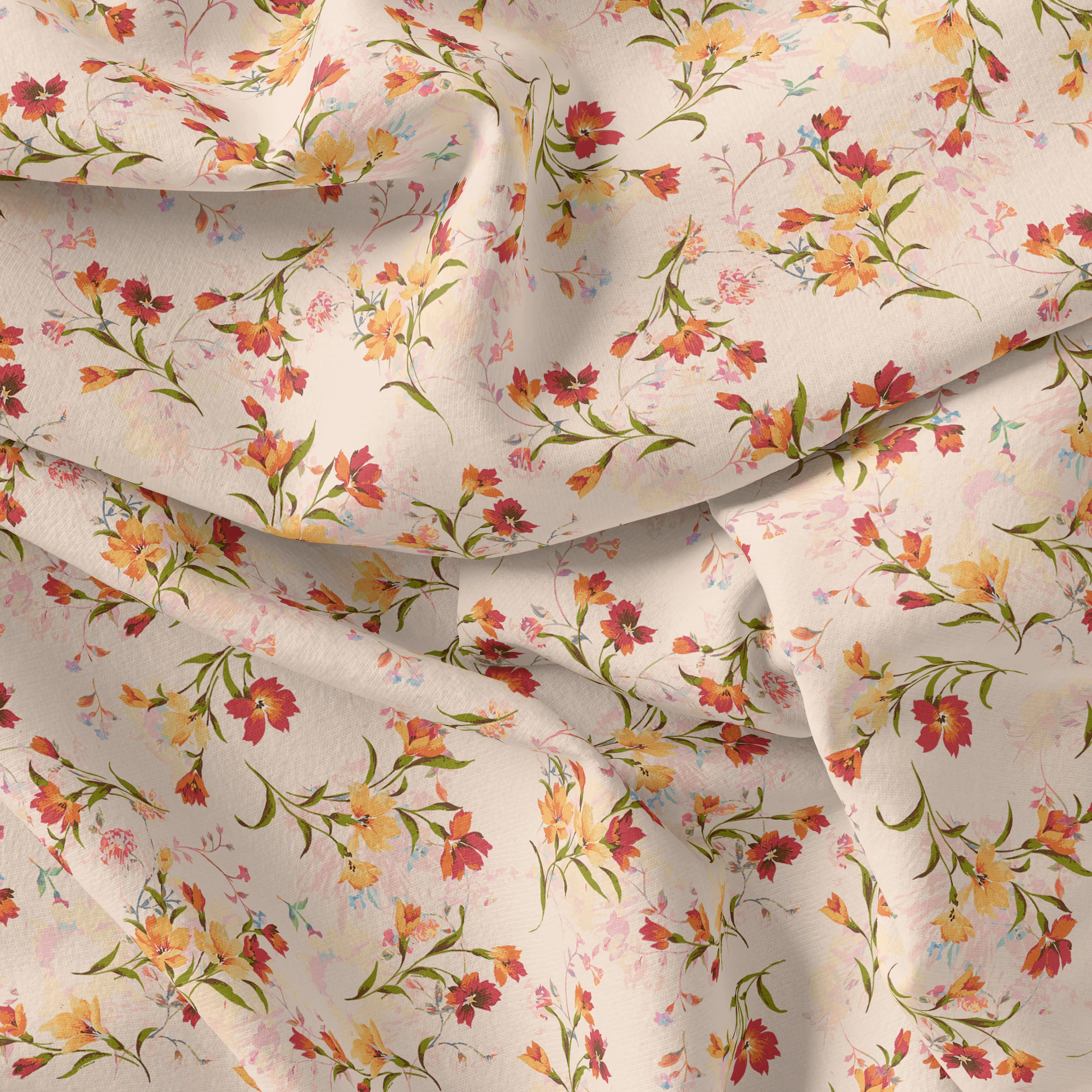 Beautiful Peach Calico Flowed Digital Printed Fabric - Japan Satin