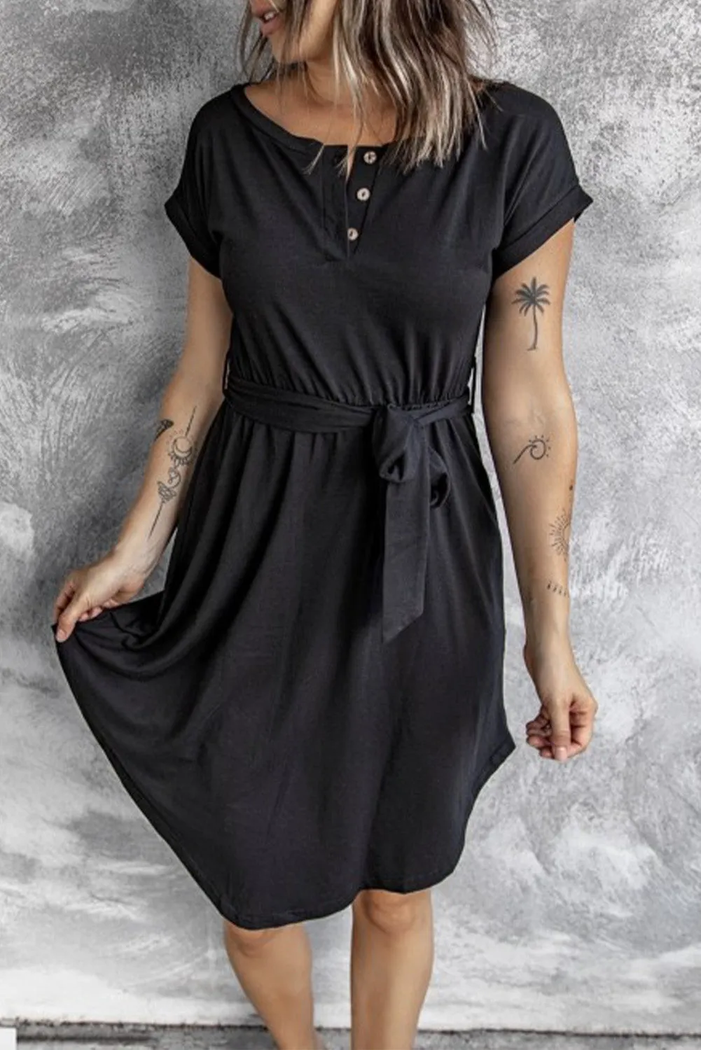 Black Boat Neck Tie Mini Dress