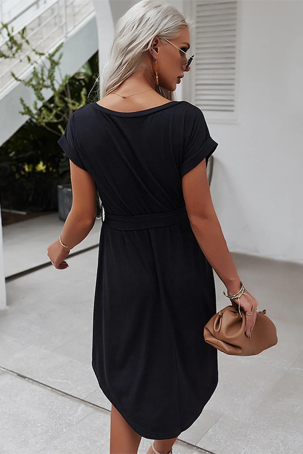 Black Boat Neck Tie Mini Dress