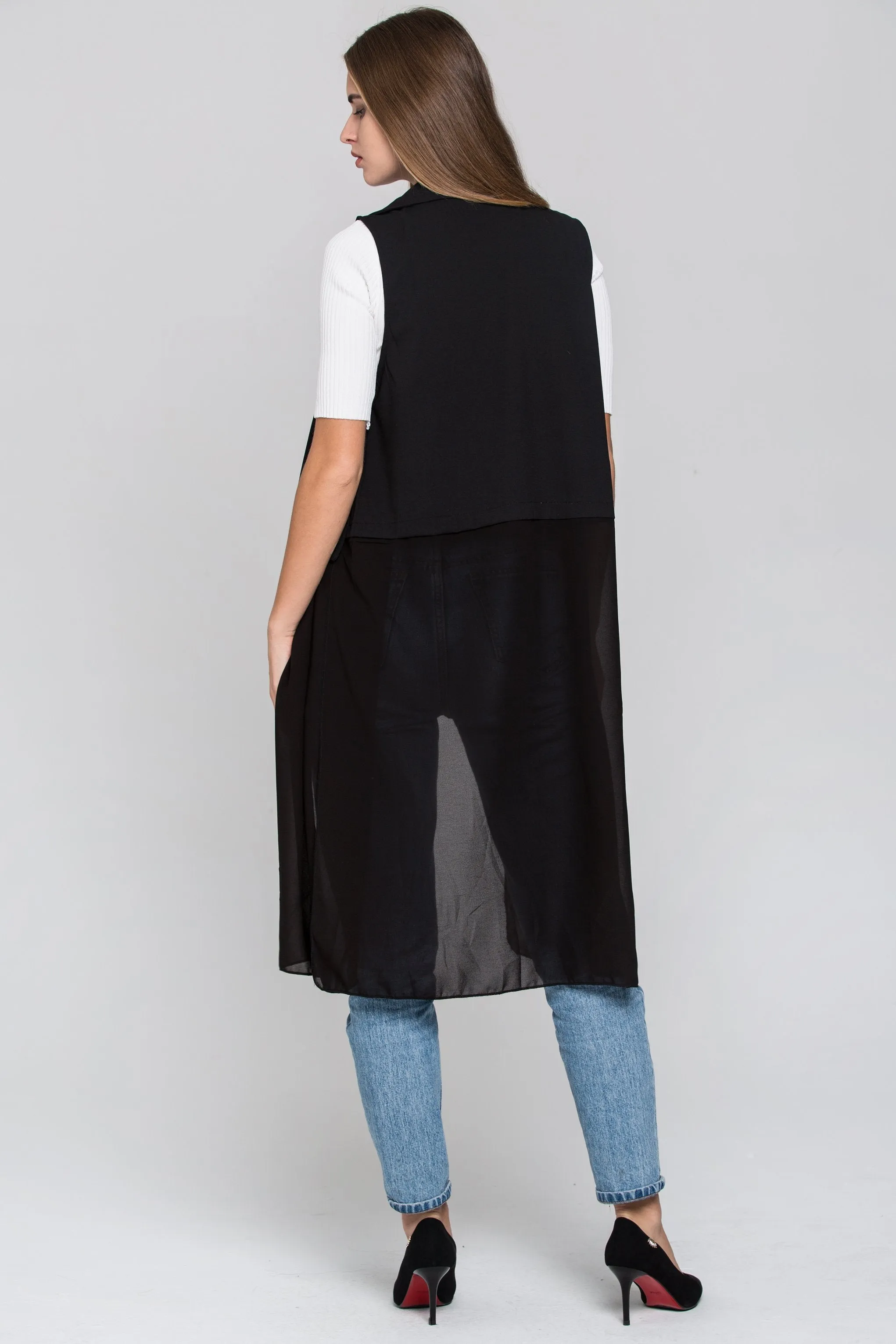 Black Sheer Hem Long Vest