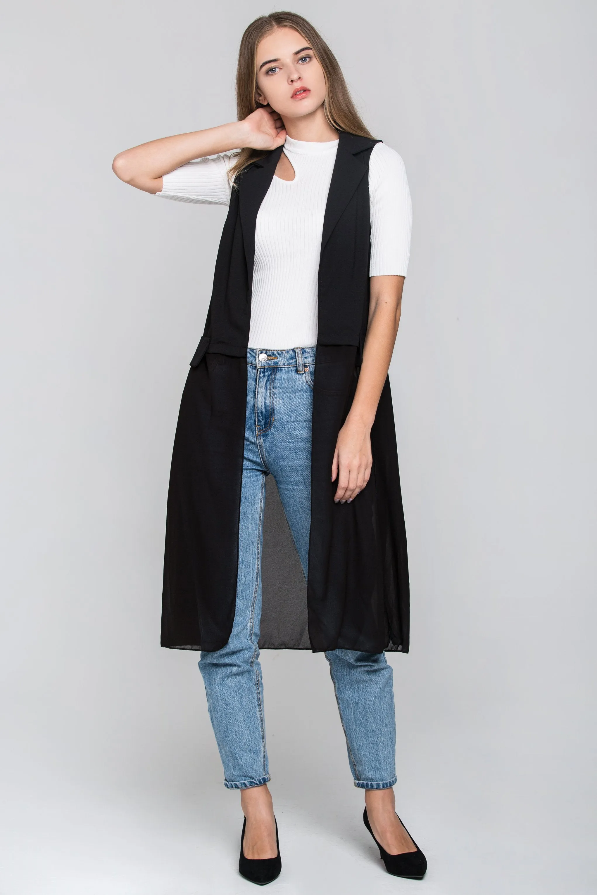Black Sheer Hem Long Vest