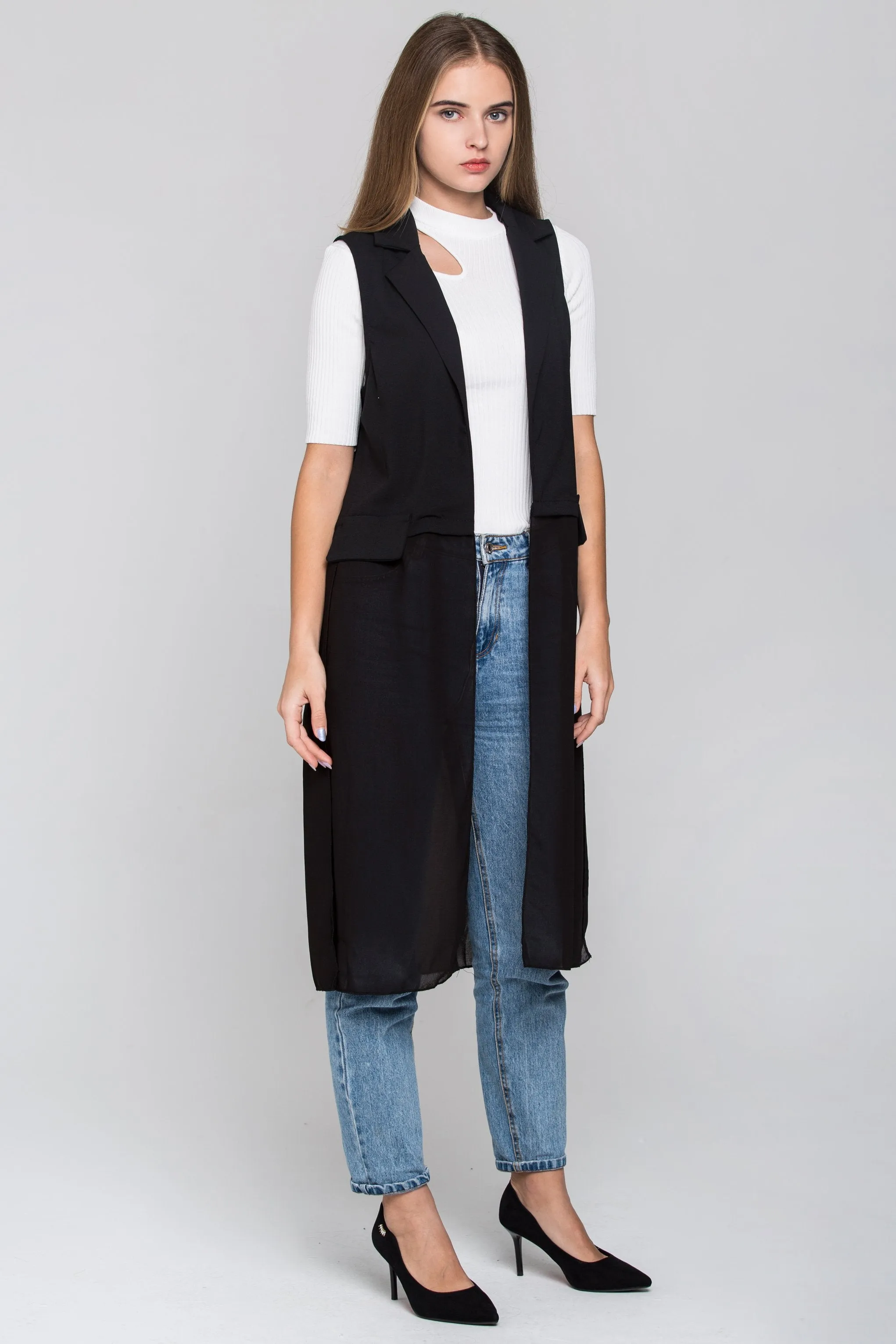Black Sheer Hem Long Vest