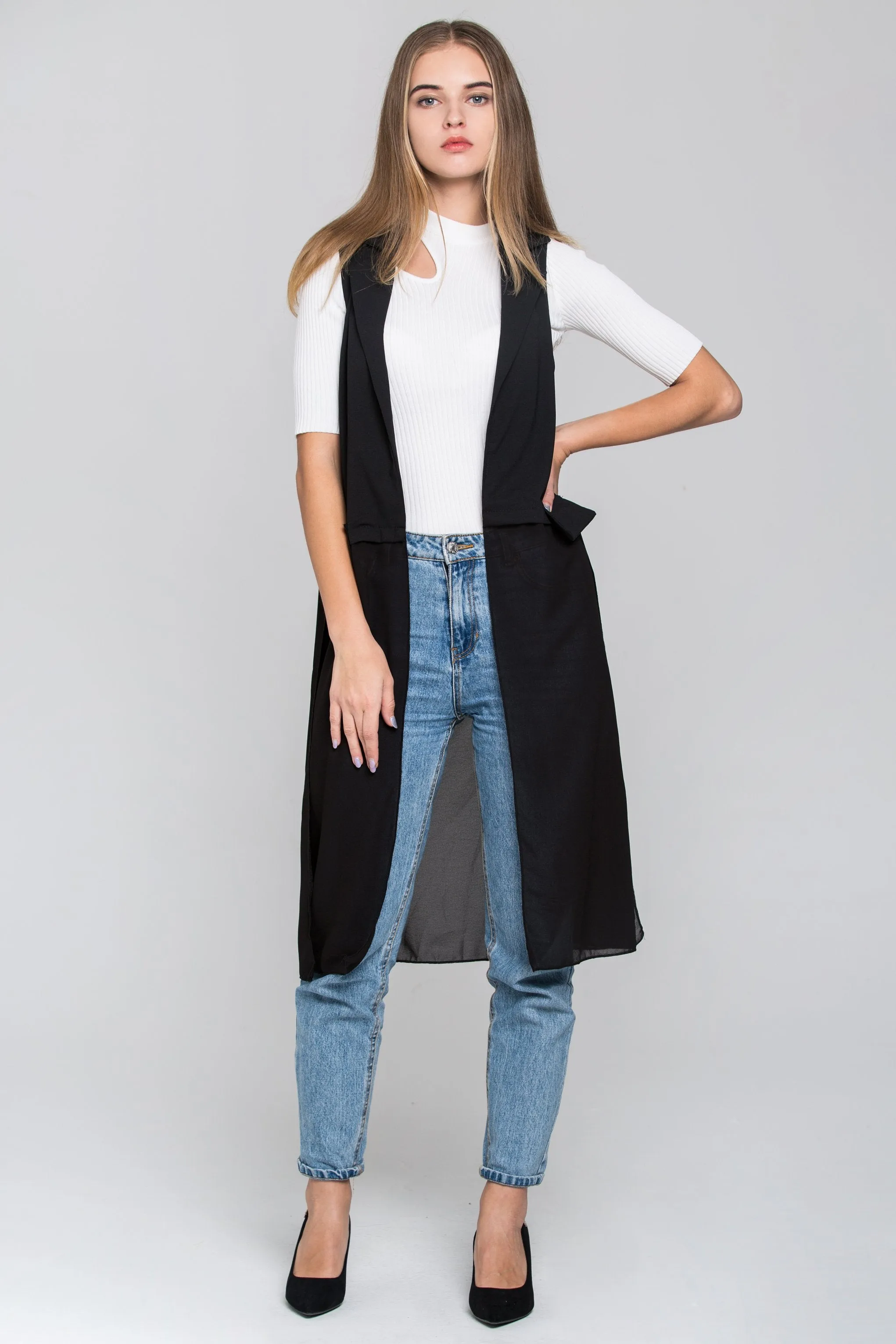 Black Sheer Hem Long Vest