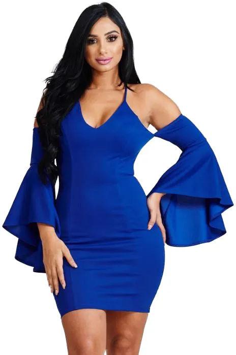 Blue Bell Sleeve Cold Shoulder Mini Dress