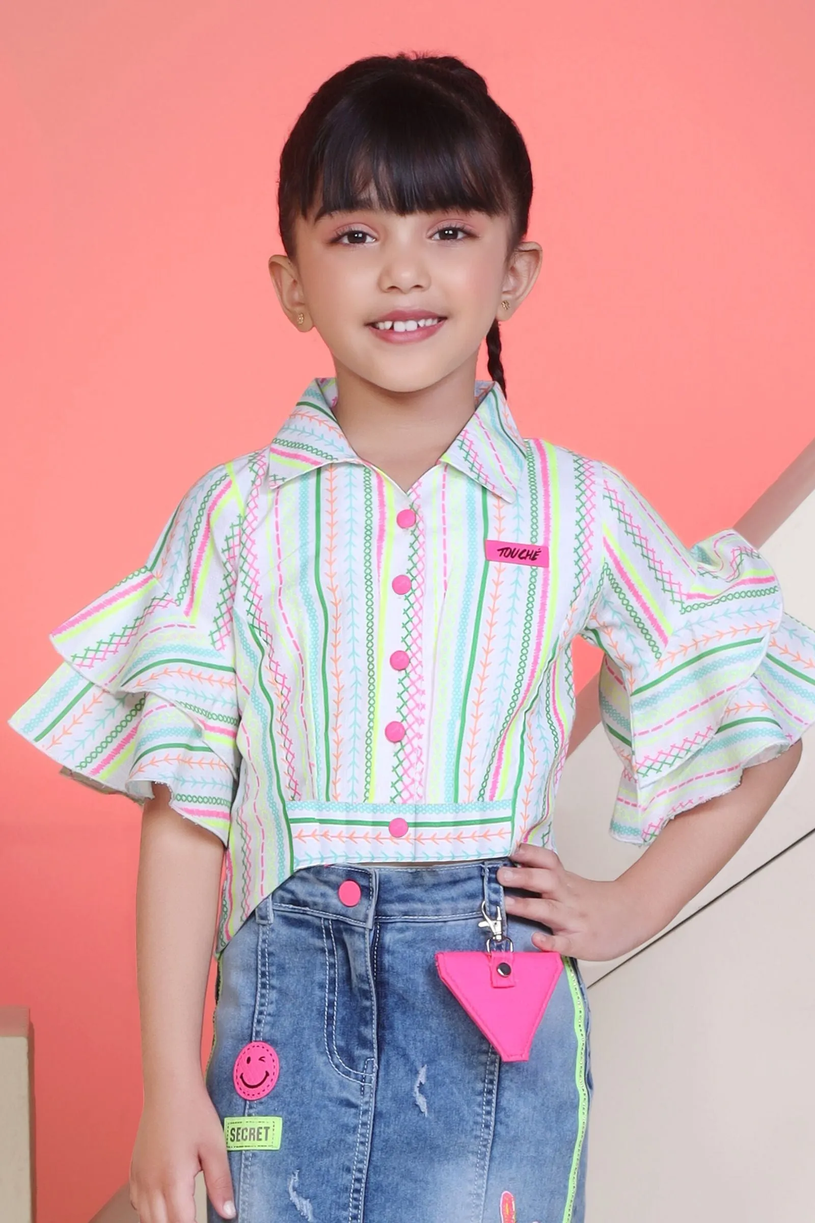 Blue with Beige Multicolor Printed Top and Skirt for Girls