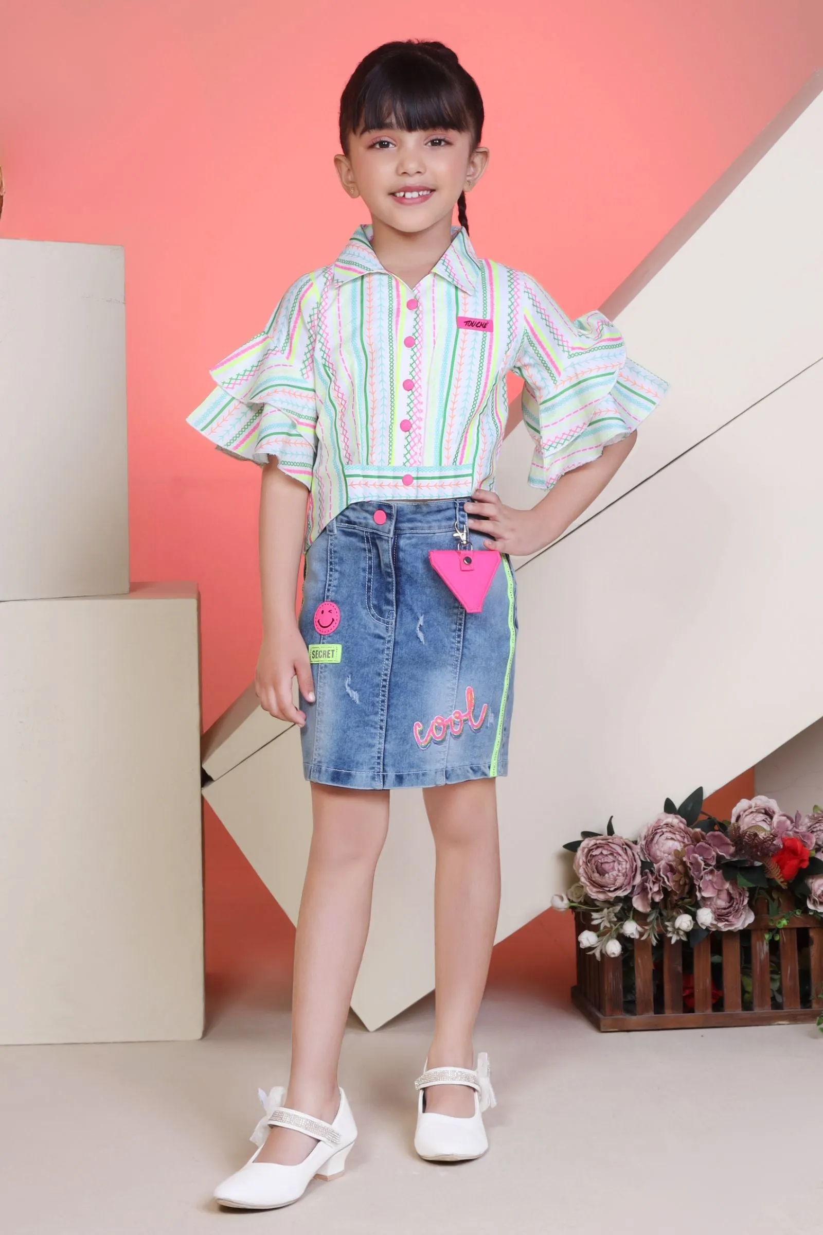 Blue with Beige Multicolor Printed Top and Skirt for Girls
