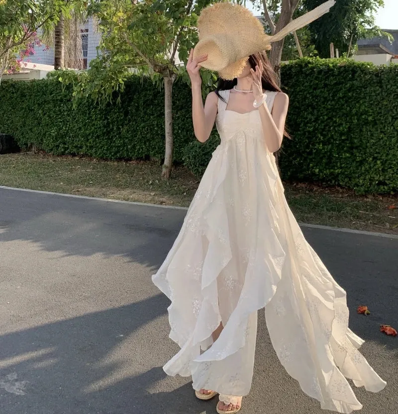 Bonnyshow Beach Holiday Elegant Party Long Dresses for Women 2024 Summer New Korean Fashion Sundress Embroidery Sleeveless Female Clothing