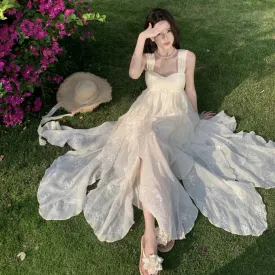 Bonnyshow Beach Holiday Elegant Party Long Dresses for Women 2024 Summer New Korean Fashion Sundress Embroidery Sleeveless Female Clothing