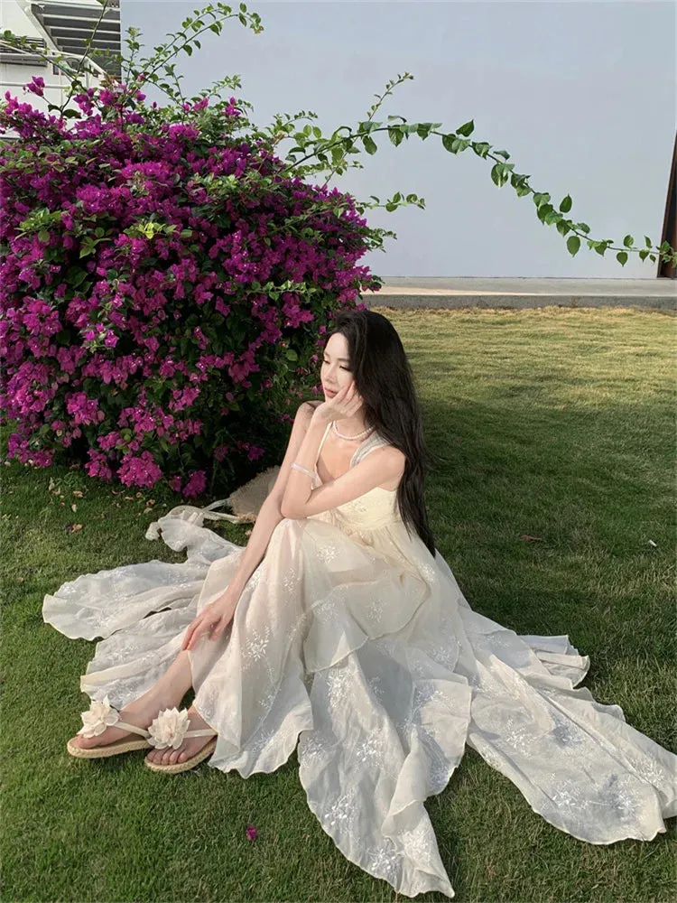 Bonnyshow Beach Holiday Elegant Party Long Dresses for Women 2024 Summer New Korean Fashion Sundress Embroidery Sleeveless Female Clothing