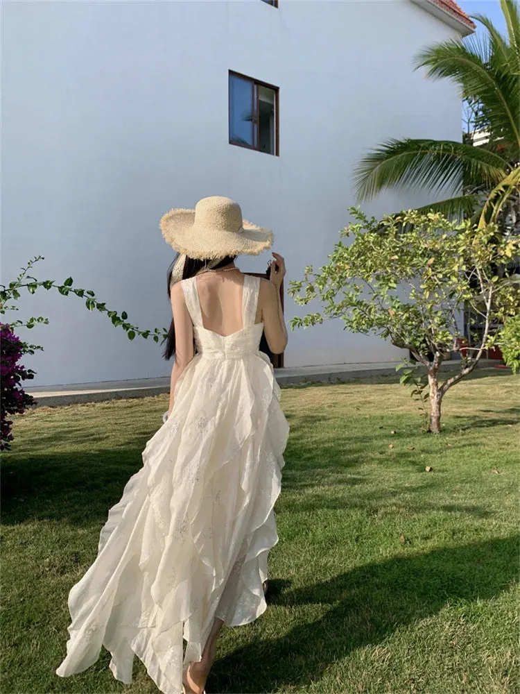 Bonnyshow Beach Holiday Elegant Party Long Dresses for Women 2024 Summer New Korean Fashion Sundress Embroidery Sleeveless Female Clothing